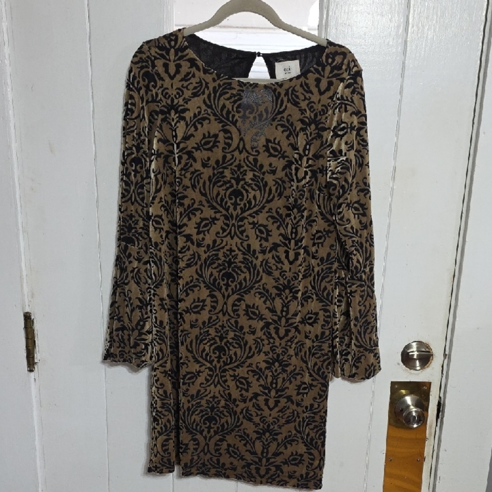 eci Women's Velvet Burnout Dress Gold/Black Bell Sleeves Romantic Goth Sz‎ M EUC